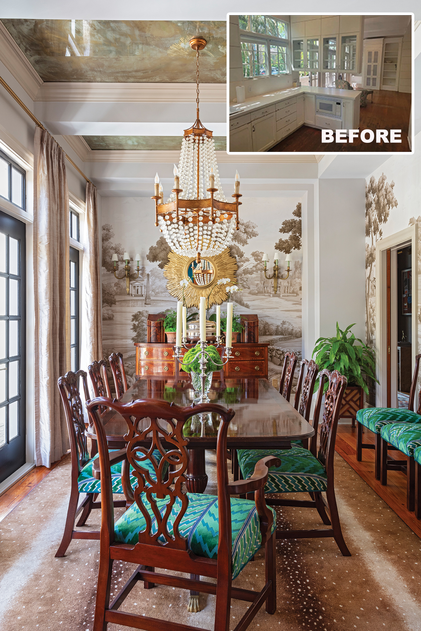The Hardees swapped the kitchen and dining rooms. Now, with floor-to-ceiling French doors, the new space is flooded with light, showing off the Paul Montgomery mural wallpaper. The chairs were re-covered in Schumacher velvet for a pop of green and blue.