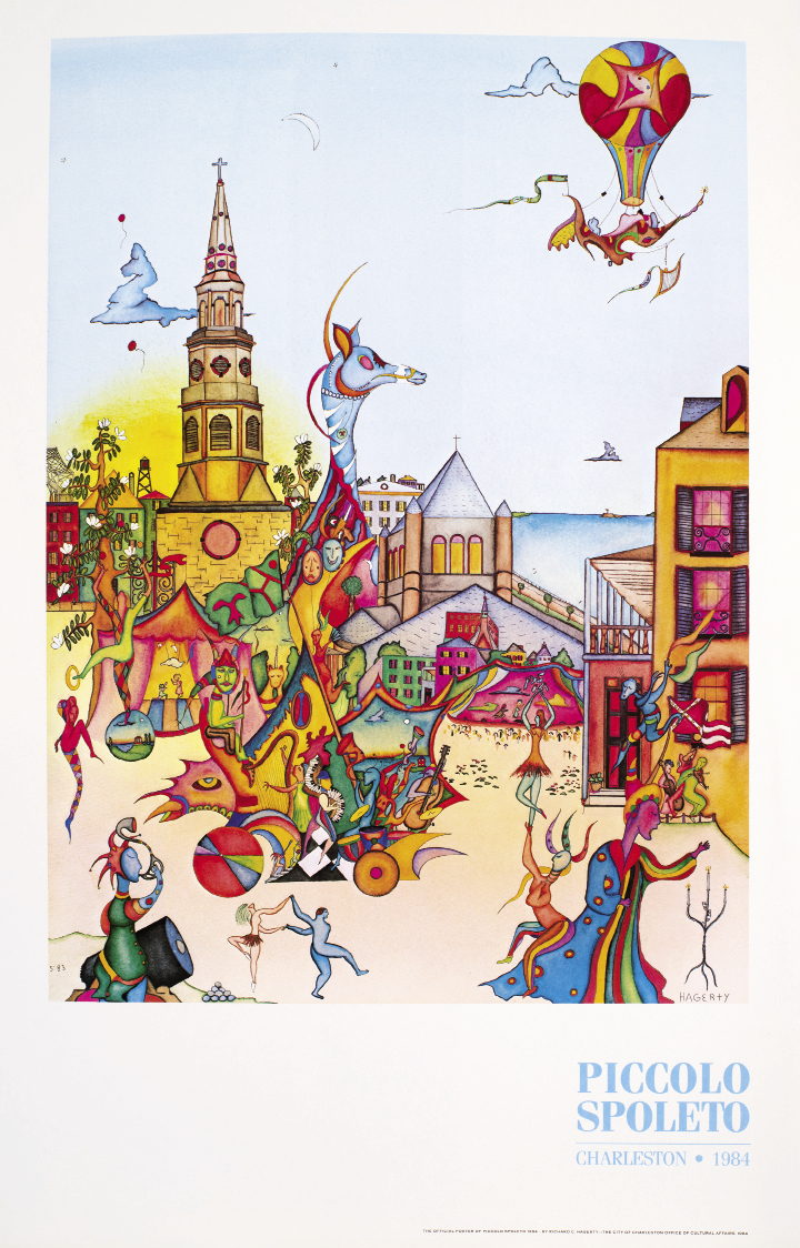 Hagerty’s work has graced Piccolo Spoleto posters five times over, including the 1990 triptych titled Hurricane Hugo, as well as a poster for the Sophia Institute’s Mosaics of Mary event in 2003.