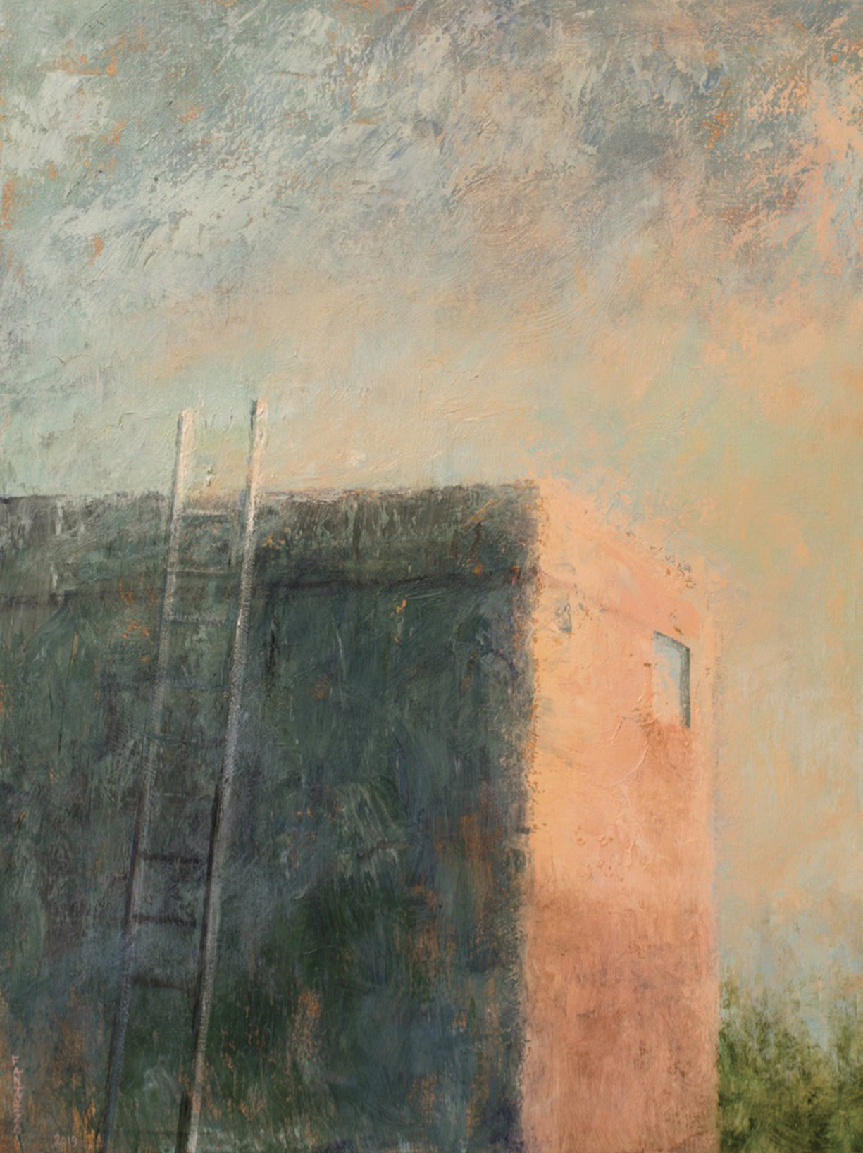 Darkness to Light (acrylic on linen, 40 x 30 inches, 2019) explore the play of light and motifs that “find ways in or ways out,” the artist says.