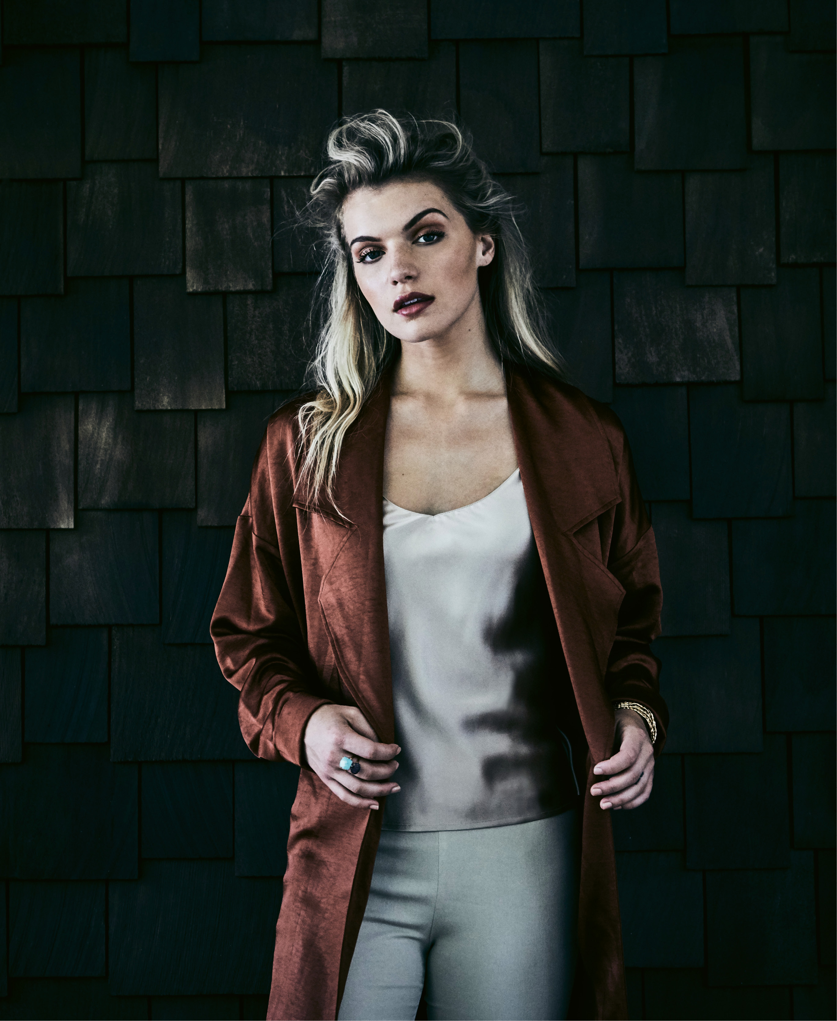 Fall Crush - Lilla P crushed satin duster in “copper,“ $248 at Copper Penny; Silk Eudora tank with adjustable straps, $64 at Out of Hand; Gretchen Scott spandex pant, $109 at Gretchen Scott; Van H. Jewelry 18K gold-plate turquoise ring, $195, and Van H. Jewelry 18K gold-plate pink sapphire ring, $195, both at Out of Hand; Gas Bijoux 14K gold-plate “Liane” cuff, $431 at Lori + Lulu.