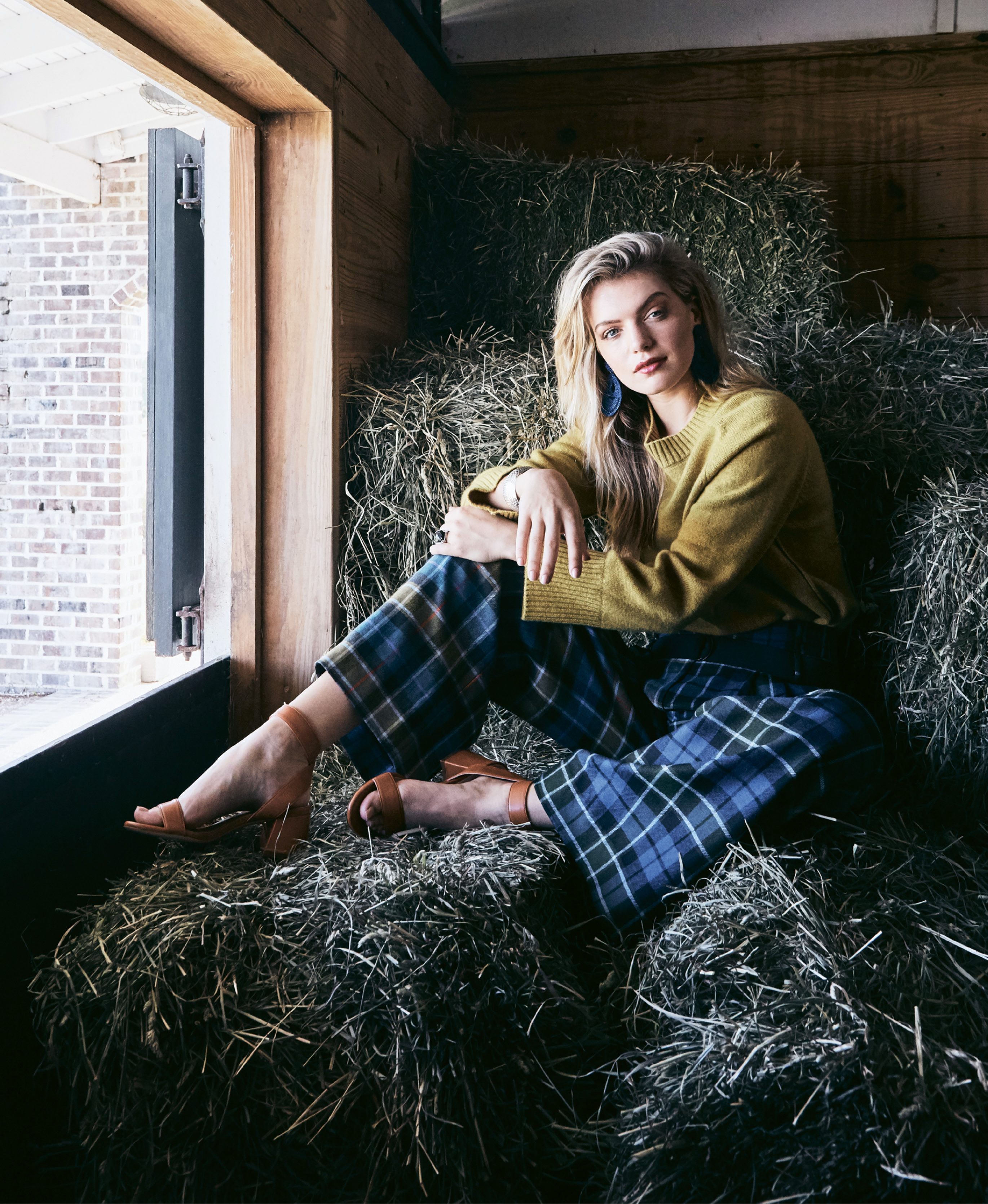 Lofty Ambition - Leo + Sage cashmere mock turtleneck in “dijon,” $378 at Finicky Filly; Tibi “Tartan Stella” wide-leg pant in “loden green,” $595 at Hampden; seed bead earrings, $30 at Rhodes Boutique; Italian sterling silver sweetgrass cuff, $225 at Gold Creations; Tacori 18K sterling silver and onyx ring, $350 at Diamonds Direct; Stuart Weitzman “Salana” leather sandal in “macchiato,” $435 at Shoes on King.