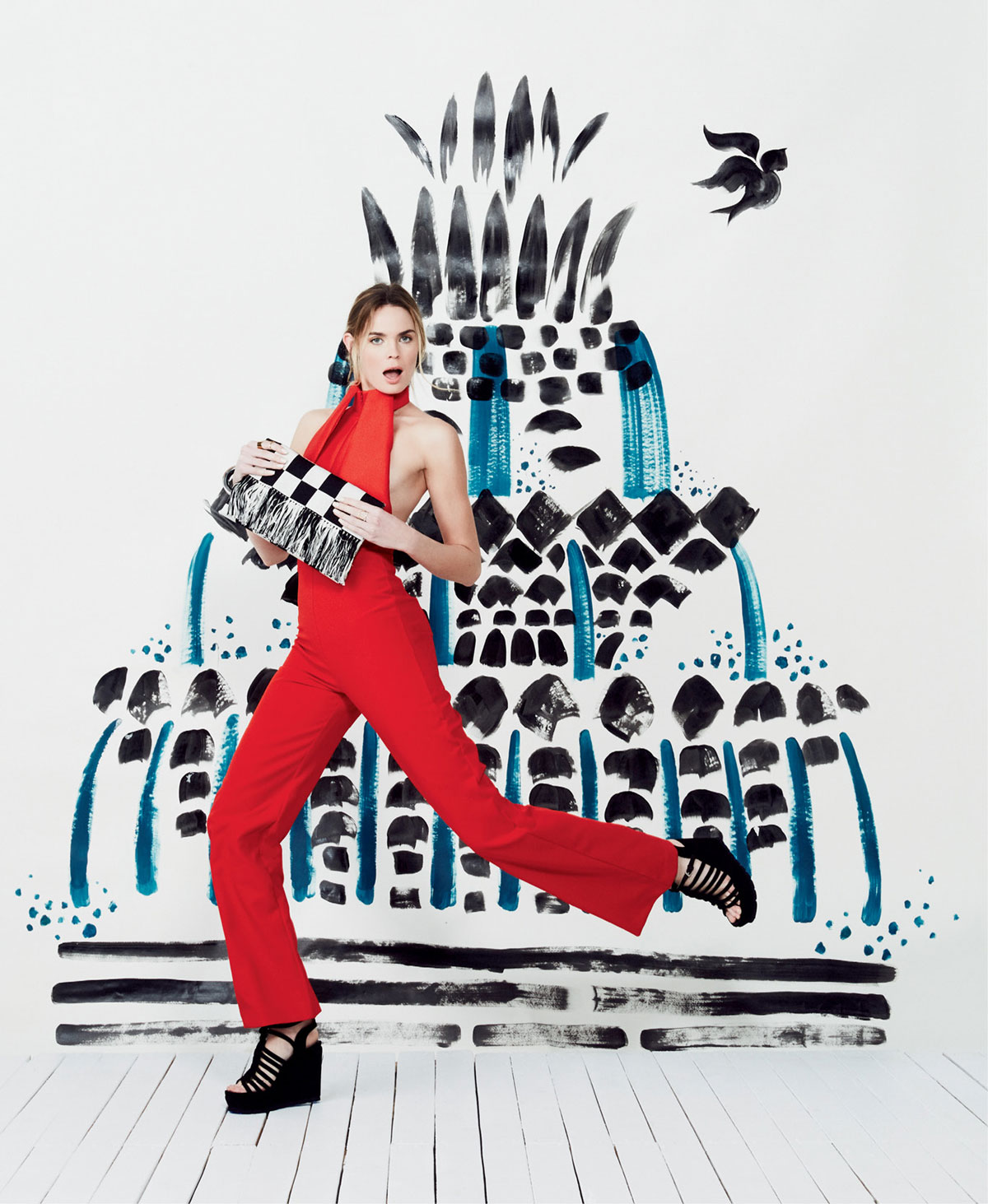 Hero” backless jumpsuit, $195 at Mosa Boutique; Lauren Guillot hand-carved Lucite and gold “Elegance” half-circle earrings, $150, and hand-carved Lucite and gold “Elegance” bangle, $245, both at Grand Bohemian Gallery; Elizabeth and James gold link ring, $123 at Beckett Boutique; Roberto Coin 18K gold and diamond crossover ring, $2,700 at Paulo Geiss Jewelers; and Donald J. Pliner “Cadle” signature suede wedge, $450 at Gwynn’s of Mount Pleasant.