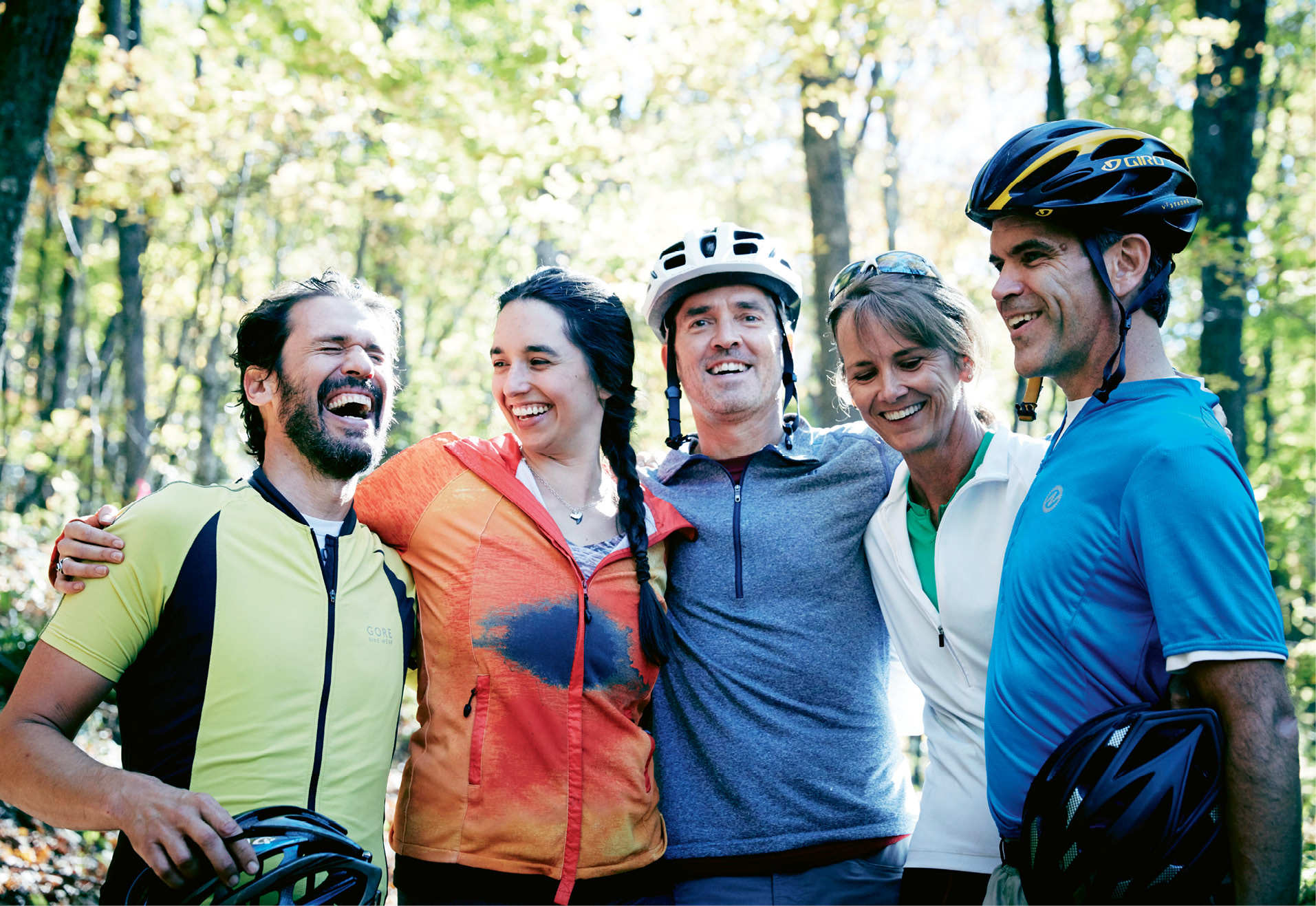(Above left to right) John Duckworth, Gloria Wilson, Robert Prioleau, and Stephanie and Noel Hunt share laughs and trail talk while taking a break from exploring the REEB Ranch mountain biking wonderland.