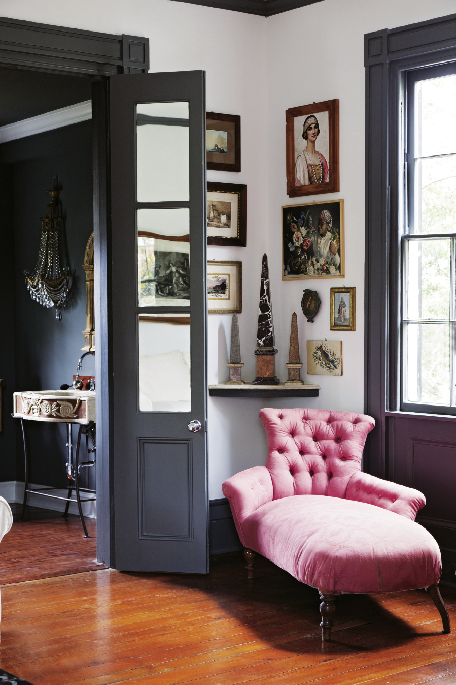 A 200-year-old Sicilian chaise lounge chair outside the master bath