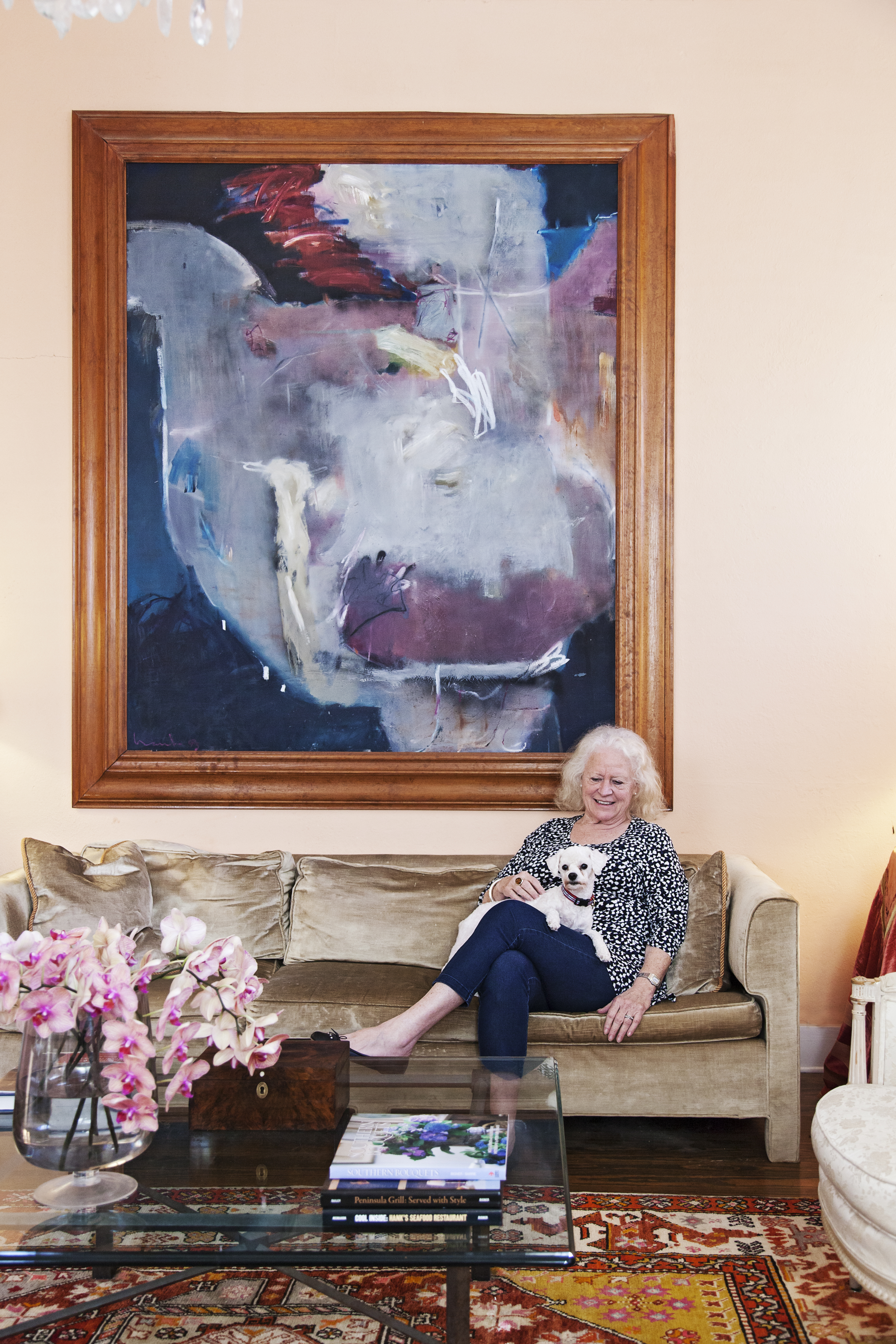 Bigner and her shelter pup, Charlie, in the parlor