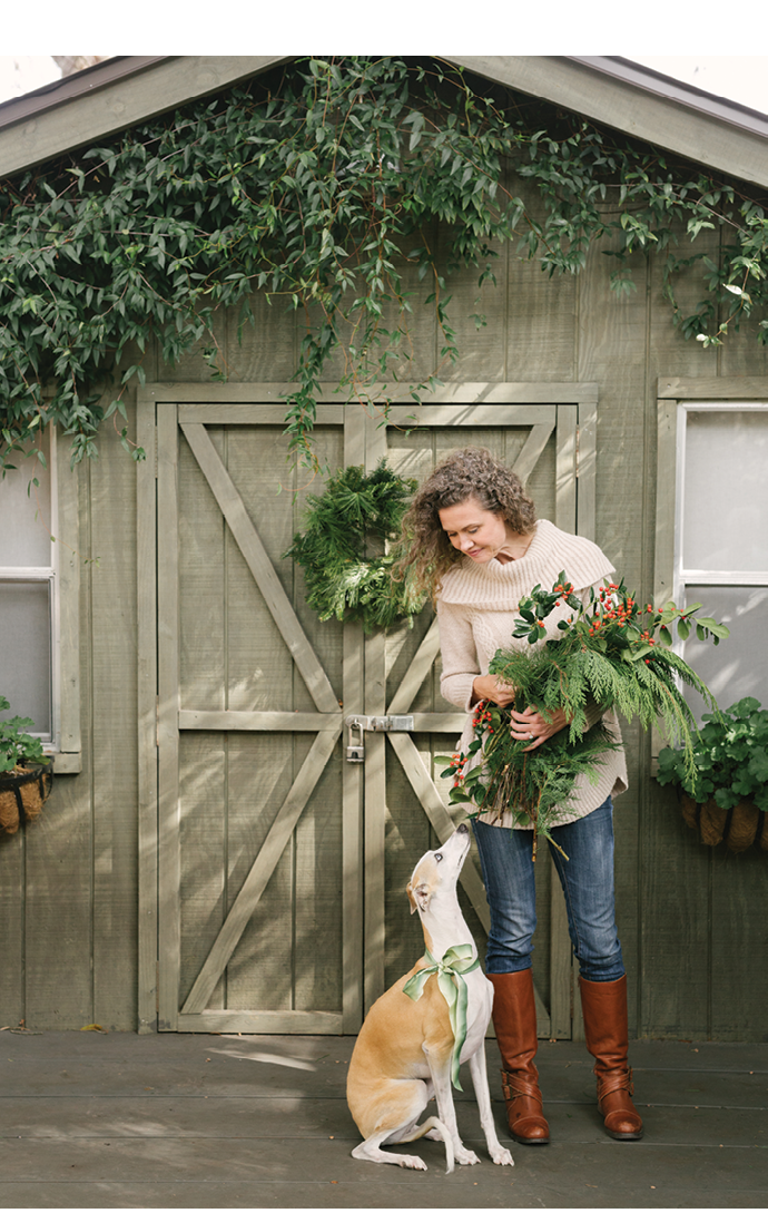 Heather gathers greens with whippet Cleo, who’s aptly dressed for the occasion.