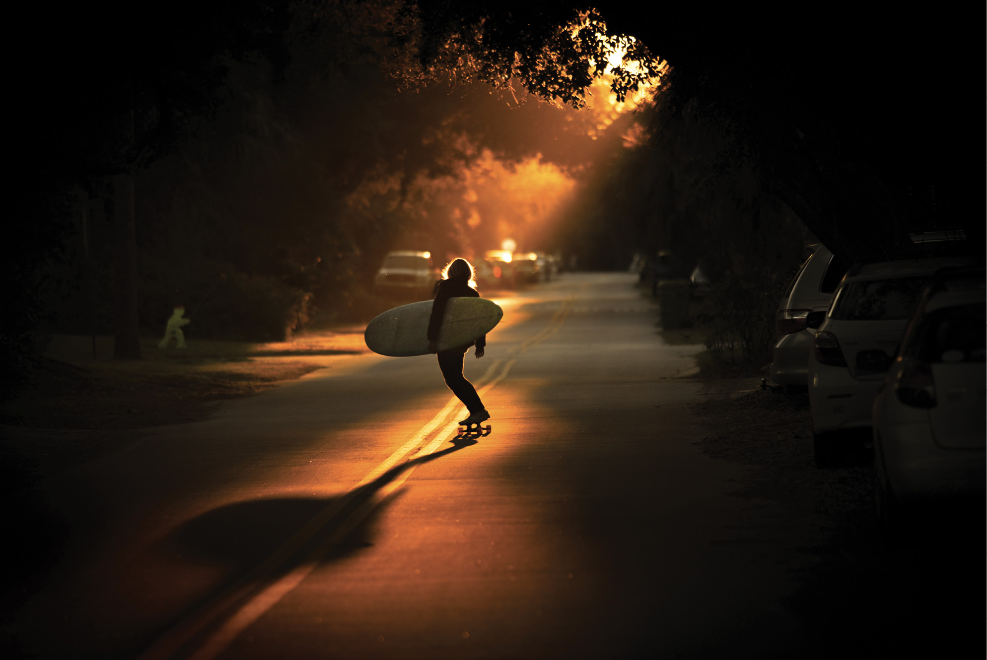 A surfer rides into the light of a winter sunset