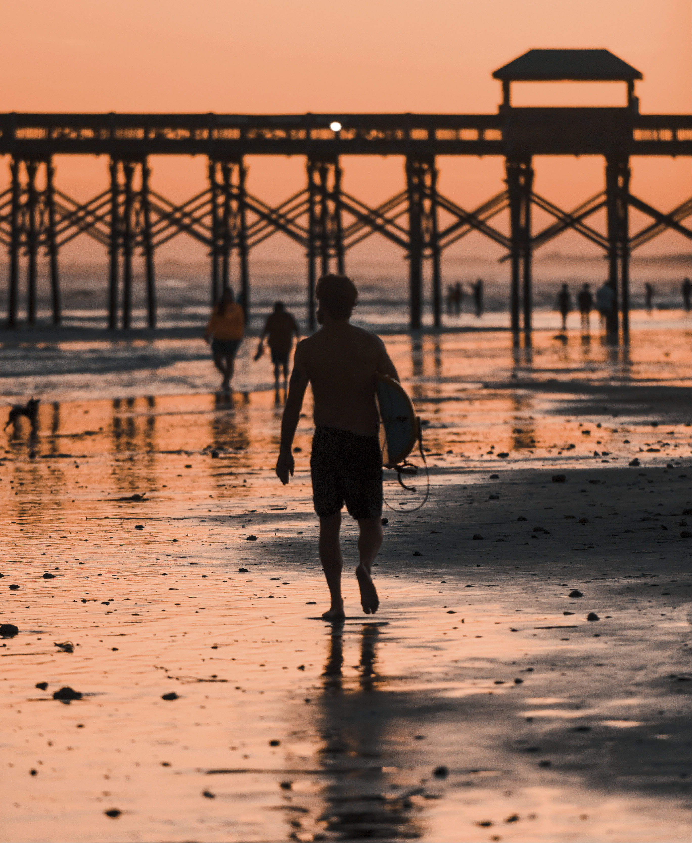 Dusk backlights rocky new sand from beach renourishment.