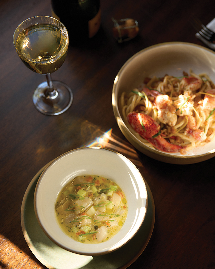 Lobster bucatini and pasta shells with merguez, broccoli rabe, and pecorino.