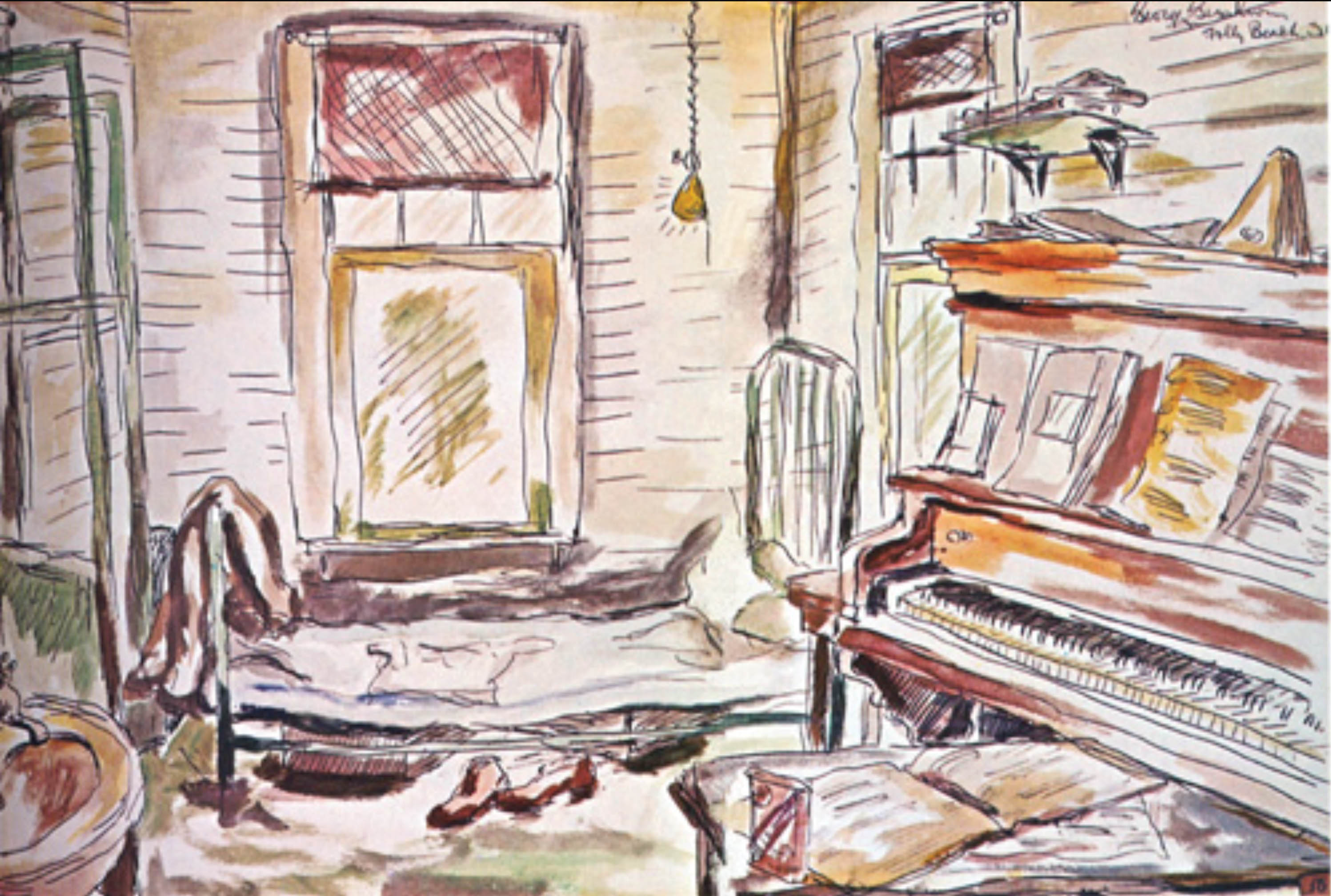 Watercolor sketch by George Gershwin of his studio on Folly Beach, with the piano on which he and DuBose Heyward began work on Porgy and Bess; it premiered in New York in fall 1935.