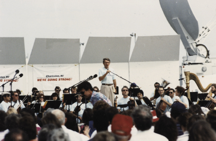 Riley, wearing a “We’re Going Strong” T-shirt at a post-Hugo community concert, was in the national spotlight as a tireless leader and cheerleader throughout the trying Hugo aftermath. Many credit his unfailing optimism for the successful recovery.