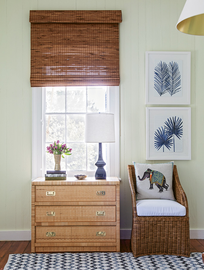 The lucky elephant theme continues on a pillow in the guest room...