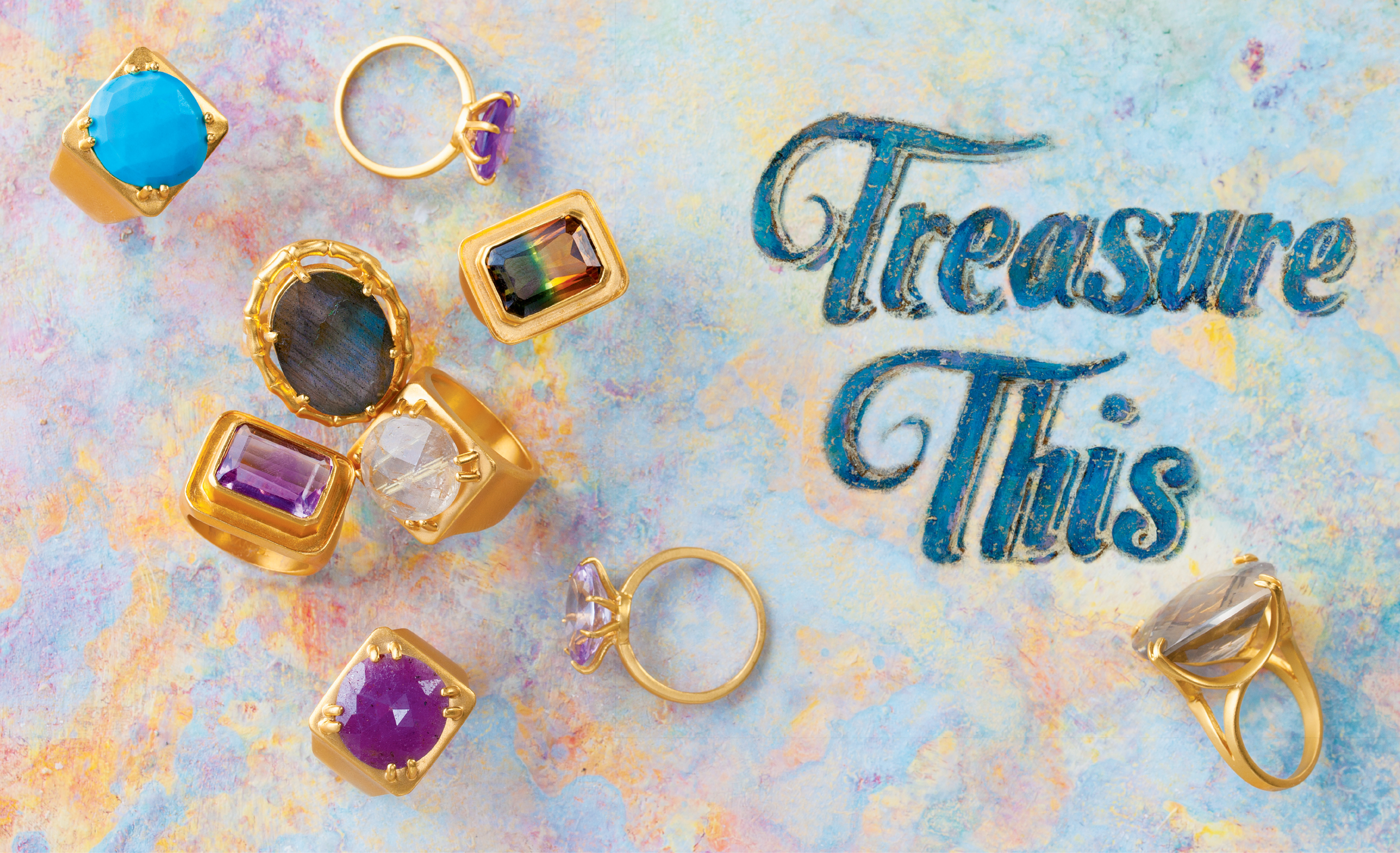 ANNIE VAN HARLINGEN, VAN H. jewelry After creating the look of Ringly wearable tech rings, the fashion-turned-jewelry designer has returned to her roots, crafting her Van H. line of bold, contemporary cocktail rings in 18K gold. From the large oval “Bamboo” ring (shown at center with labradorite) to the “Tortuga” (above with turquoise and below right with a pink sapphire), each design offers one-of-a-kind semi-precious gems that Van Harlingen handpicks. Look for Van H. Jewelry to grow with a new collection of delicately handcrafted gold and black rhodium pieces with rose-cut diamond-pave detail. Find Van H. Jewelry in boutiques, such as The Spa at Charleston Place, and online at vanhjewelry.com.