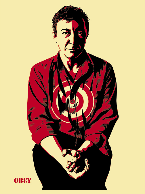 Fairey created these Warhol-esque prints of his “hero,” Jasper Johns, emblazoned with Johns’ well-known target in 2010. Jasper Johns (Red) and Jasper Johns (Cream), screen prints, 18 x 24 inches, based on a photograph by Michael Tighe