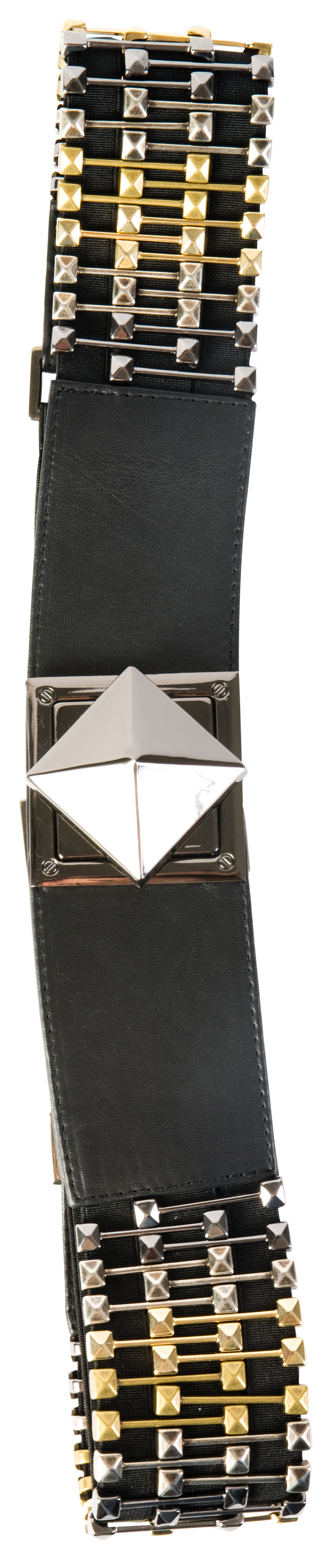 Suzi Roher stretch leather belt with gold and silver hardware and a stud closure, $429 at Gwynn&#039;s of Mount Pleasant