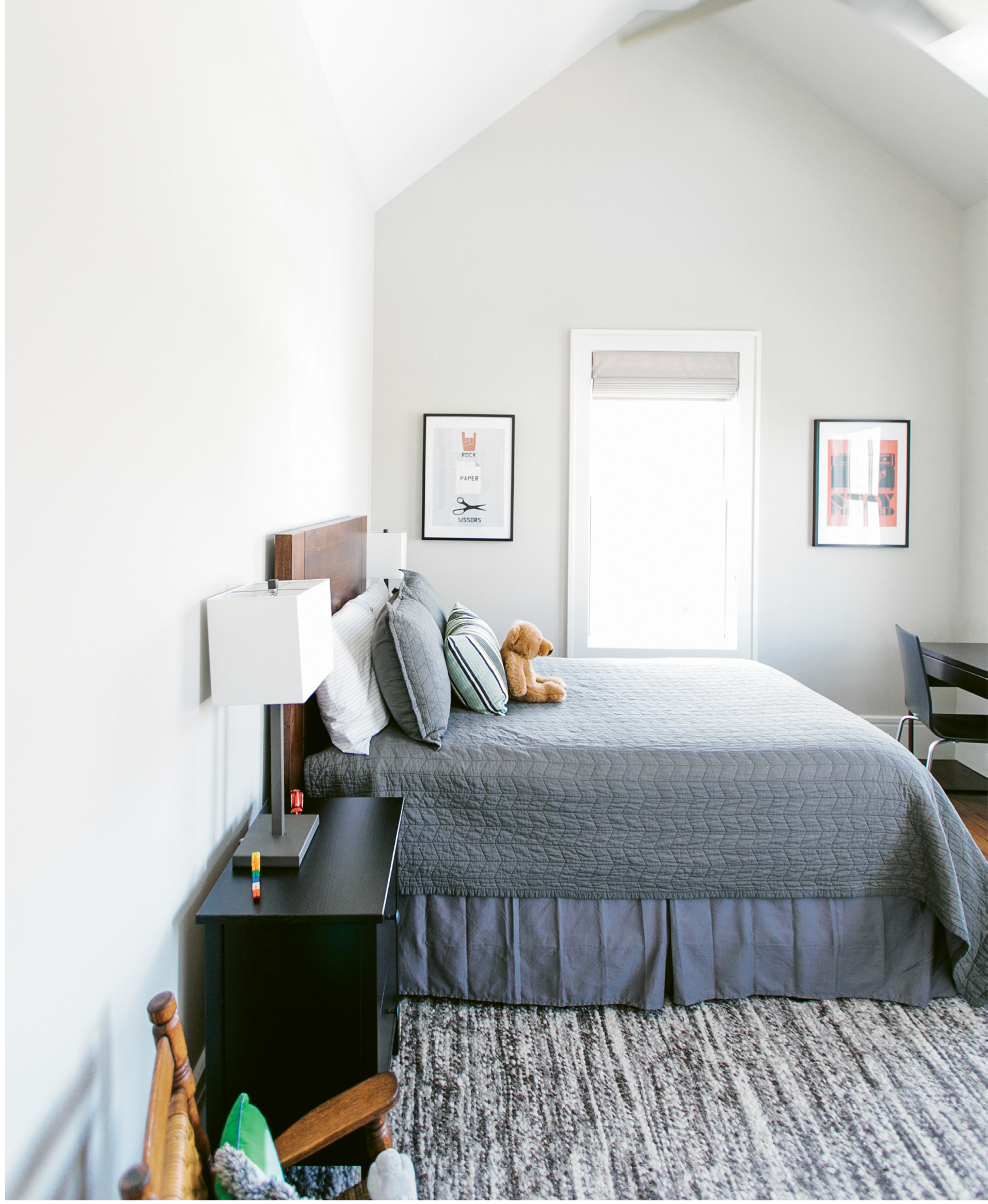 When the twins are craving quiet time, they retreat to their second-floor bedrooms and shared TV room, where the walls are decorated with skateboards that once belonged to Melissa’s brother. “Amelia skateboards, and Cole’s the intellectual of the family,” Melissa notes.