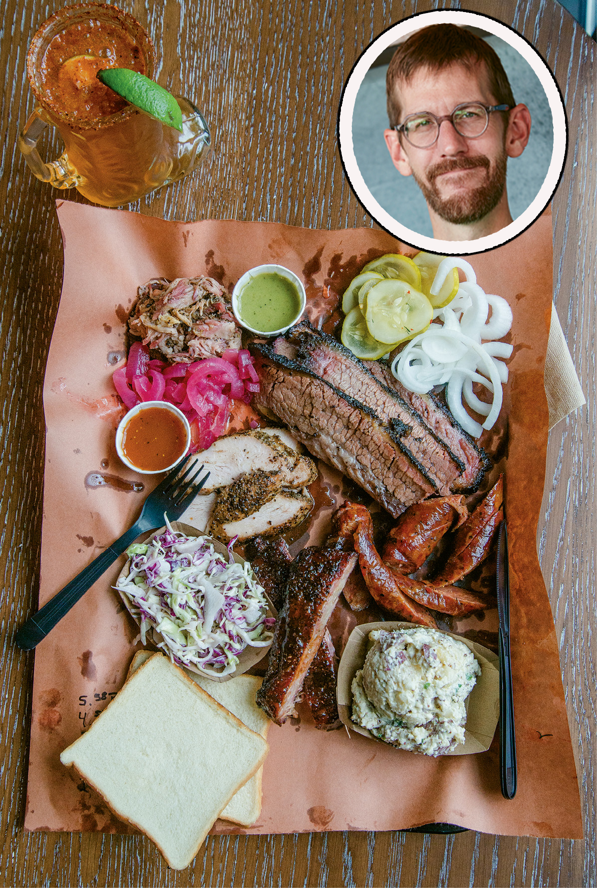 Beef brisket, Texas hot guts, ribs, smoked turkey, and more from Lewis Barbecue; (inset) pitmaster John Lewis