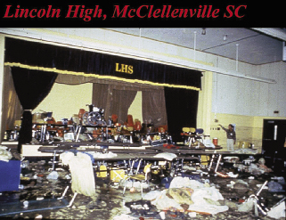 Before the storm,  McClellanville residents who were unable to evacuate and seeking a safe refuge were directed to the shelter at Lincoln High School (pictured post Hugo).