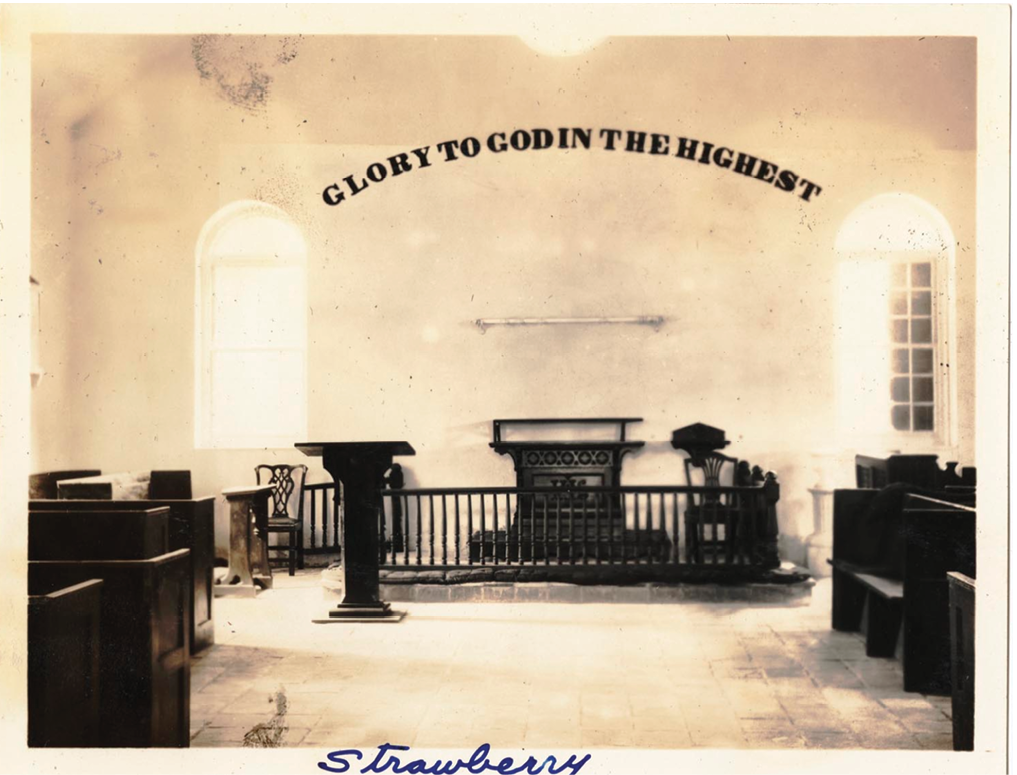 Strawberry Chapel: The letters of the arced inscription over the altar were formed with hundreds of small pine cones.