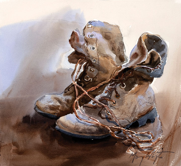 Mary Whyte uses her still life of work boots, Veterans Day (watercolor on paper, 13 x 14 inches, 2022), for an exercise in the Patriot Art Foundation’s Watercolor Boot Camp.