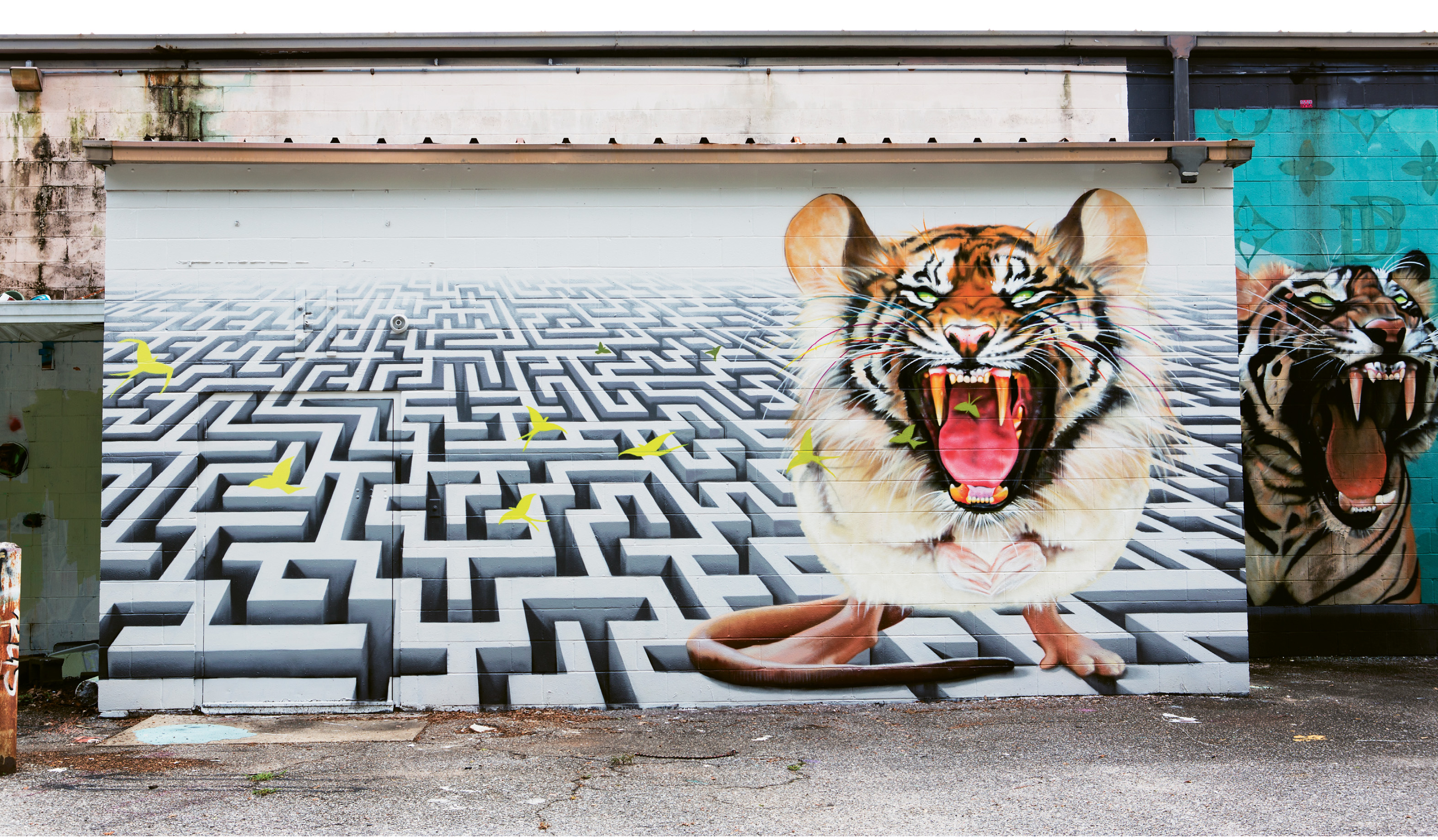 Untitled by Douglas Panzone behind Cha Cha’s Mexican Grill &amp; Rogue Motion (1409-1411 Folly Rd.)  about a decade ago, Panzone got permission to practice his large scale works behind this strip mall. Today, the back wall is a destination in and of itself for this outdoor “gallery.”