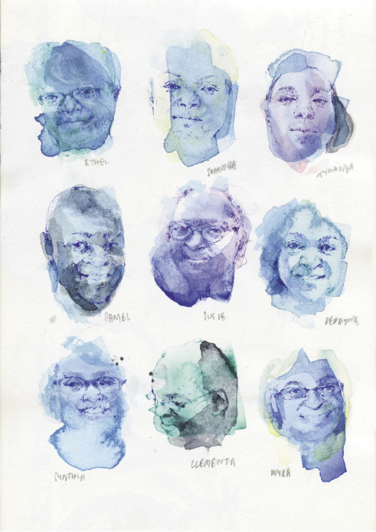 The Emanuel AME Nine: Ethel Lance, The Rev. Sharonda Coleman-Singleton, Tywanza Sanders, The Rev. Daniel Simmons Sr., Susie Jackson, DePayne Middleton-Doctor, Cynthia Hurd, The Rev. Clementa Pinckney, and Myra Thompson (watercolor by Jia Sung)