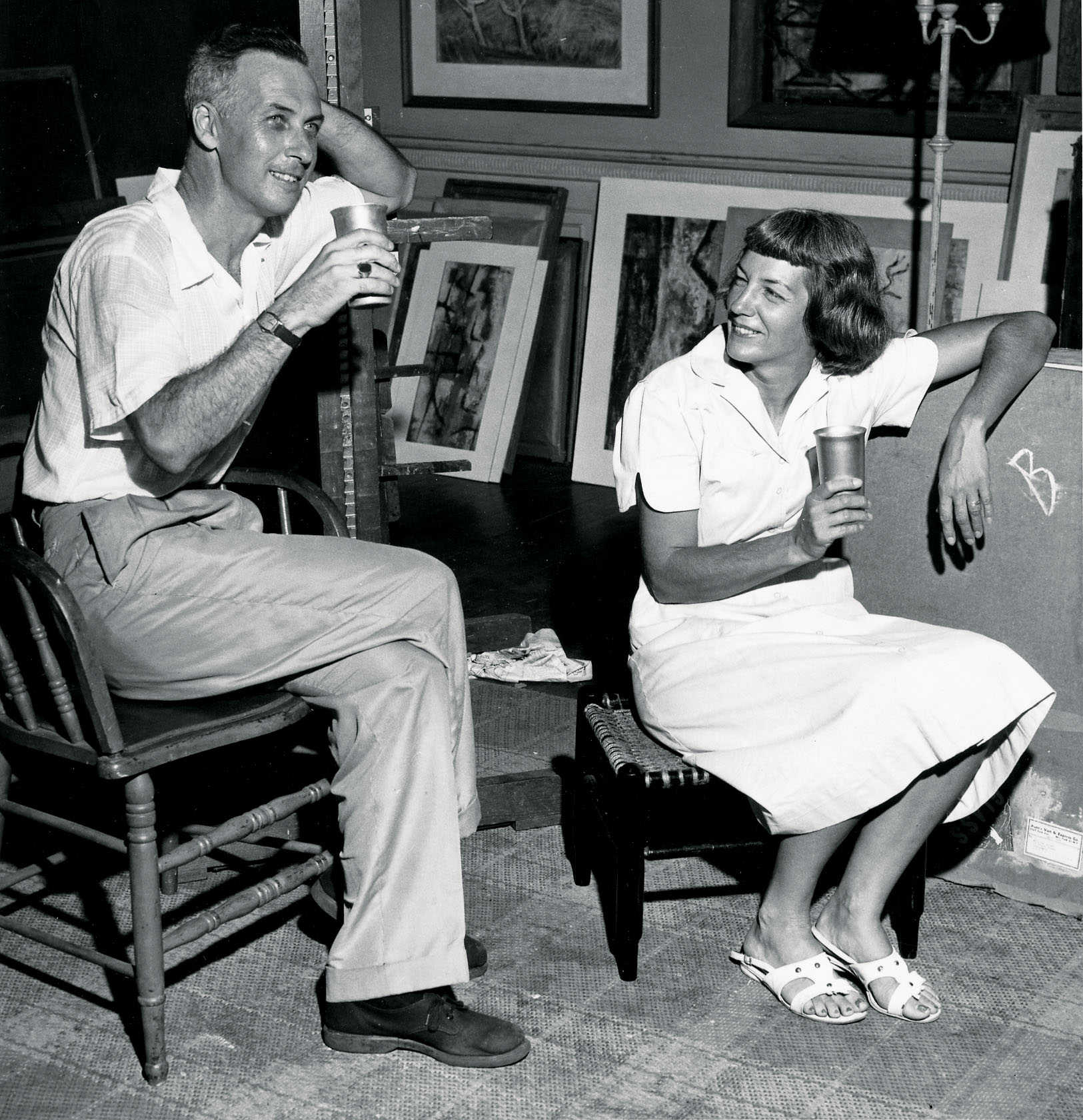 The couple in their studio in 1955, the same year Halsey had one of his paintings adorn a poster—alongside a poster with a Picasso—for the International Watercolor Society show.
