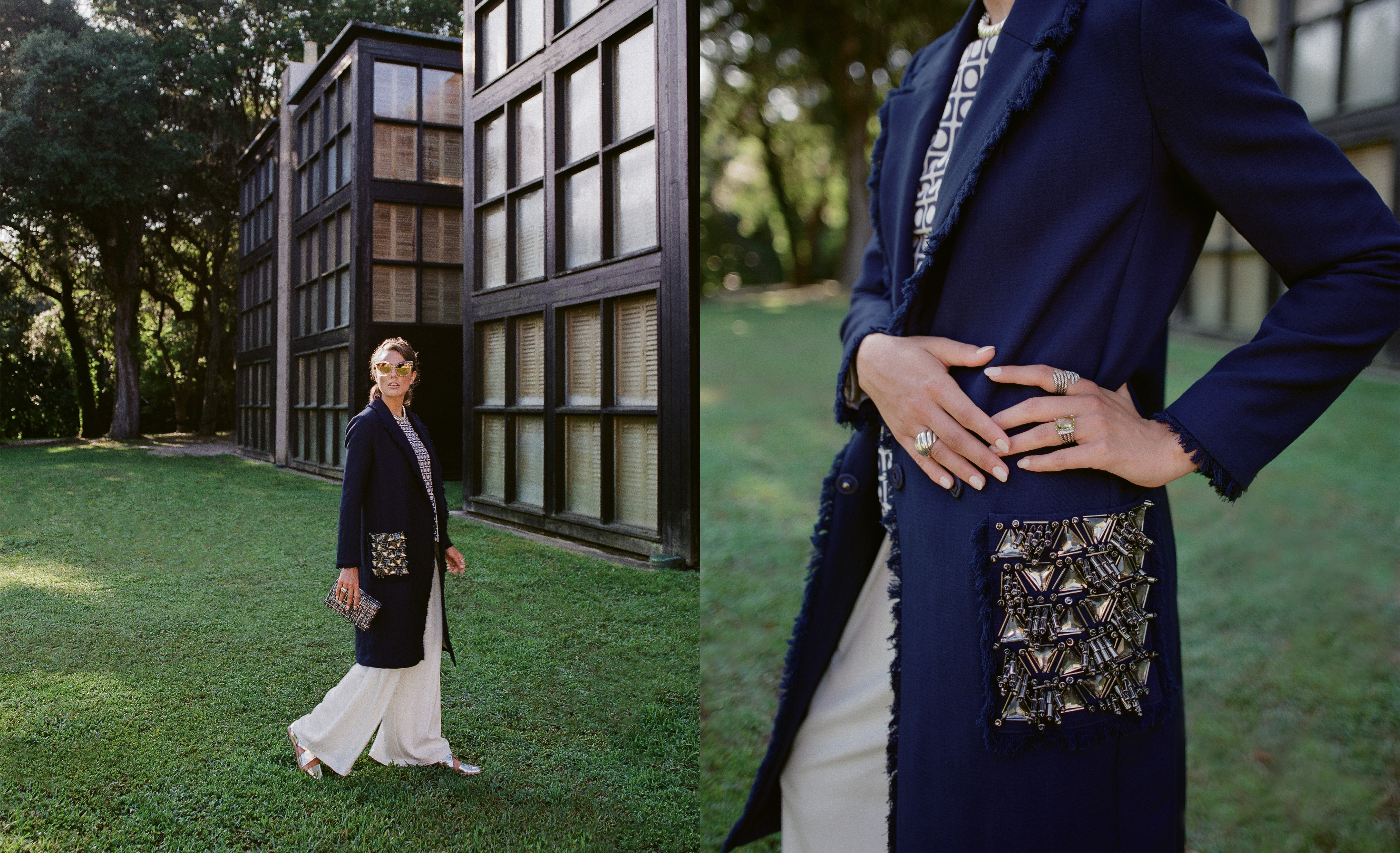 Bejeweled: By Malene Birger “Zandanos” coat, $1,095 at Hampden Clothing; Le Sarte Pettegole “Nancy” graphic ruffle shirt, $190 at Shirtini; Nicole Miller Atelier “Tower” satin crepe pleat pants, $300 at Très Carmen; Dita “Stormy” 14K gold sunglasses, $558 at Jackson Davenport; tweed clutch, $150 at Morgan Kylee; and Loeffler Randall “Willa” cut-out oxford flats, $250 at Hampden Clothing. (Opposite) David Yurman Hampton Collection sterling-silver cable necklace, $2,950, and sterling-silver cable ring, $450; David Yurman Wheaton Collection 18K yellow-gold, lemon citrine, and pavé diamond ring, $875; and David Yurman Willow Collection sterling-silver “Bypass” ring with pavé diamonds, $1,450, all at REEDS Jewelers