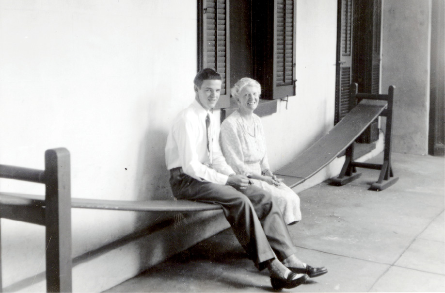 Eve McInvaill with Alice (seated), and Caroline in the  Bamboo Garden  in the mid-1950s