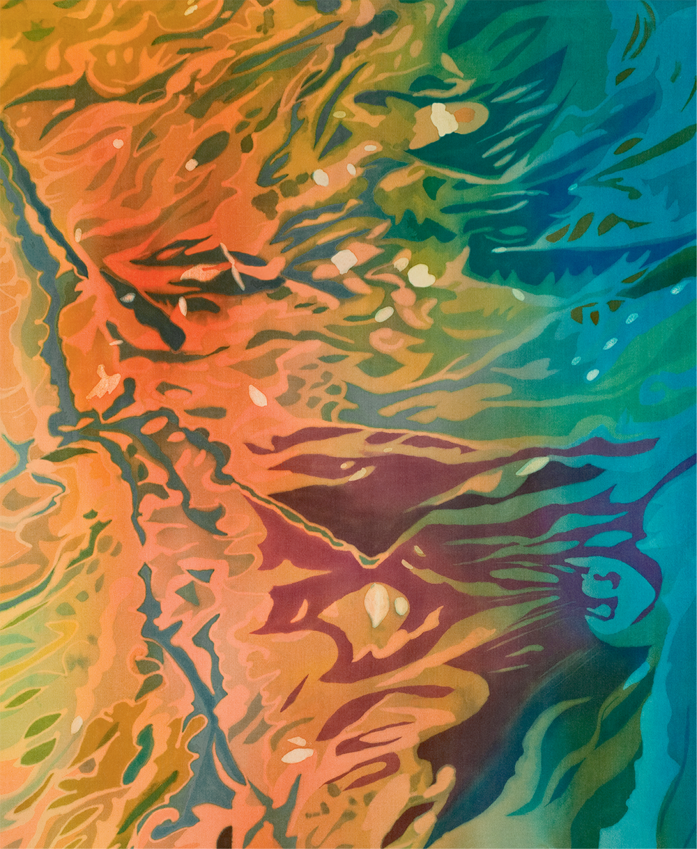 Her plein air oils and batiks, such as Gulf Oil Spill (batik on silk, 55 x 35 inches, 2014) evoke both the majesty and vulnerability of the natural world.