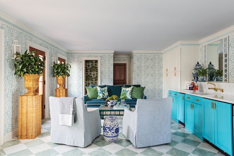 The Dorothy Draper-inspired pool house.