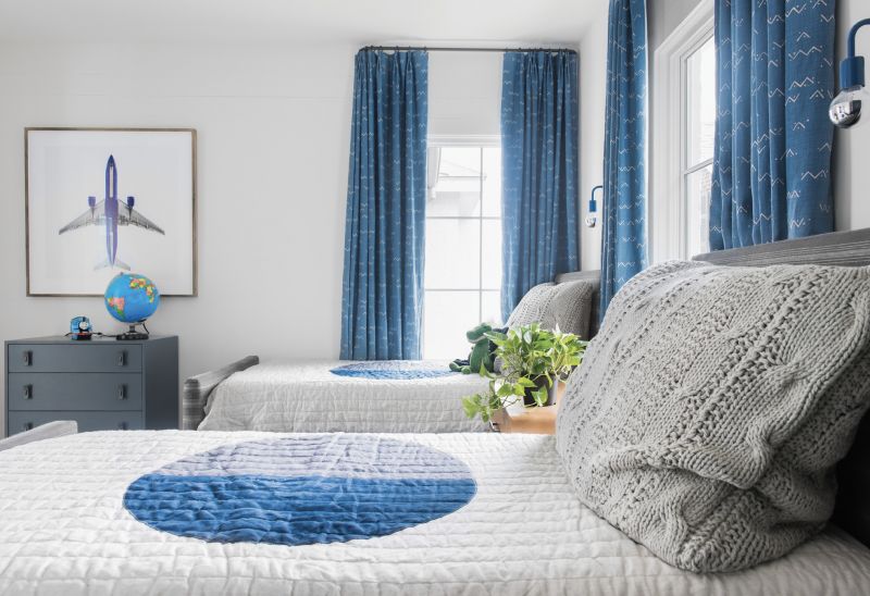 Let Dreams Soar - Designed for a young boy with a former Marine pilot father, this modern yet comfy space includes hand-drawn and -screened drapery fabric from Brooke Perdigon Textiles that evokes blue skies. The aircraft photograph by Jeffrey Milstein nods to Dad’s love for aviation.  Location: South of Broad (owned by Molly and Ted Fienning  Issue: March 2018, “High Style on the Battery”  Photographer: Katie Charlotte