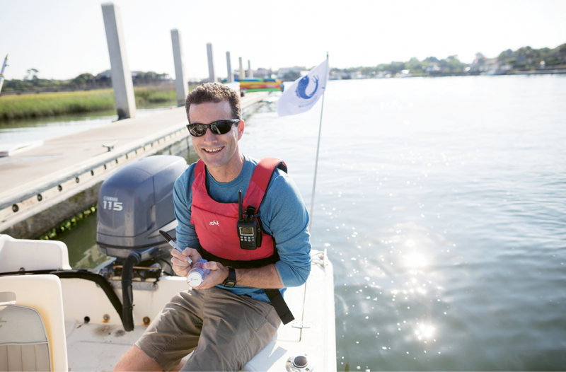 Charleston’s Waterkeeper Andrew Wunderley taking water samples on Shem Creek