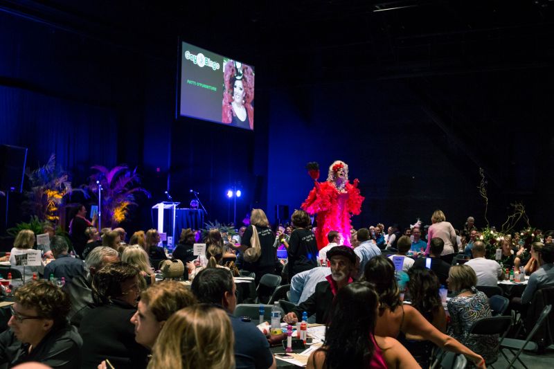 Patti O&#039;Furniture greeting the crowd of costumed bingo players.