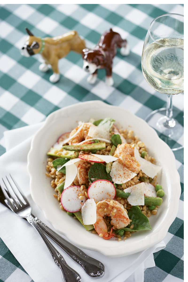 Goodbye, Grits: The shrimp and farro starter nestles fresh radishes, asparagus, peas, and herbs within a hearty serving of the nutty grain.