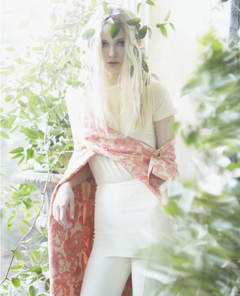 INTO THE WILD: Lafayette 148 &quot;Roland&quot; embroidered jacket, $998 at Gwynn&#039;s of Mount Pleasant; The Row &quot;Alata&quot; striped shirt, $260 at RTW; Sally Lapointe high-waisted trouser, $895 at select department stores; garnet, diamond, and gold estate brooch, $2,300 at Croghan&#039;s Jewel Box