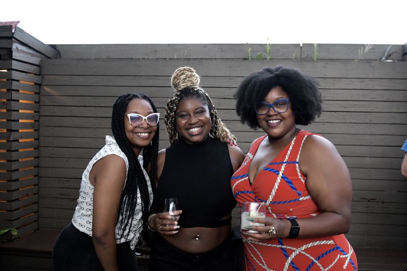 Cocktail Bandits Taneka Reaves (left) and Johnny Caldwell (right) pose with a friend during The Naught Tail event benefiting Ben’s Friends, a nonprofit that supports F&amp;B professionals dealing with addiction and substance abuse.