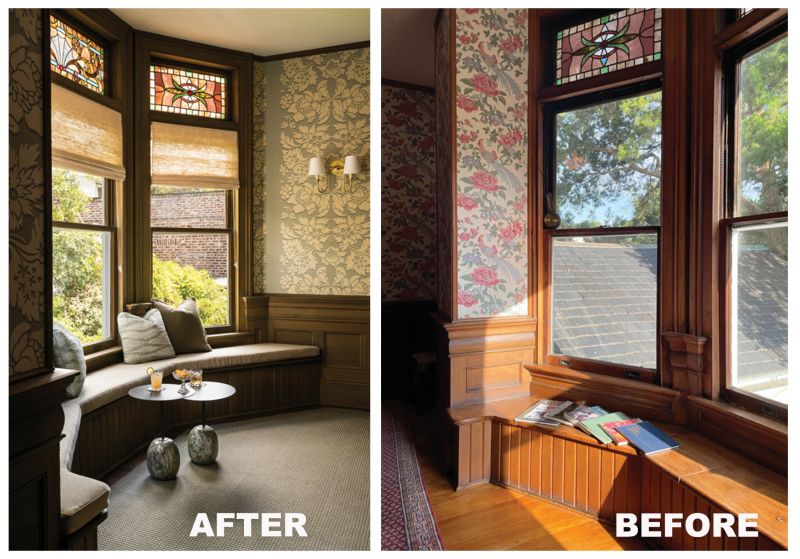 Window Dressing: Now outfitted with comfy custom pillows and a cushion, the landing between the first and second floors beckons guests to sit and chat, read and relax.