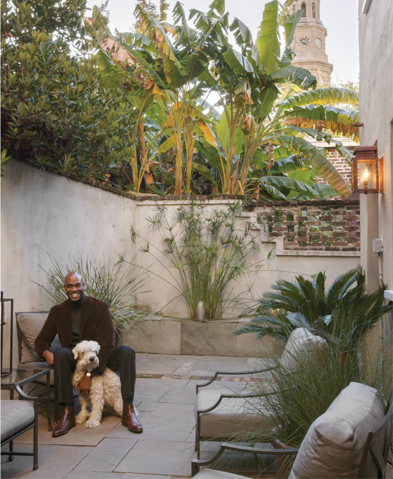 Green Room: Irions says his private courtyard, which boasts a view of the steeple of St. Philip’s Church, is like another room of the house. “I am very proud to be a new member of this community and so grateful to call Charleston home,” he says.