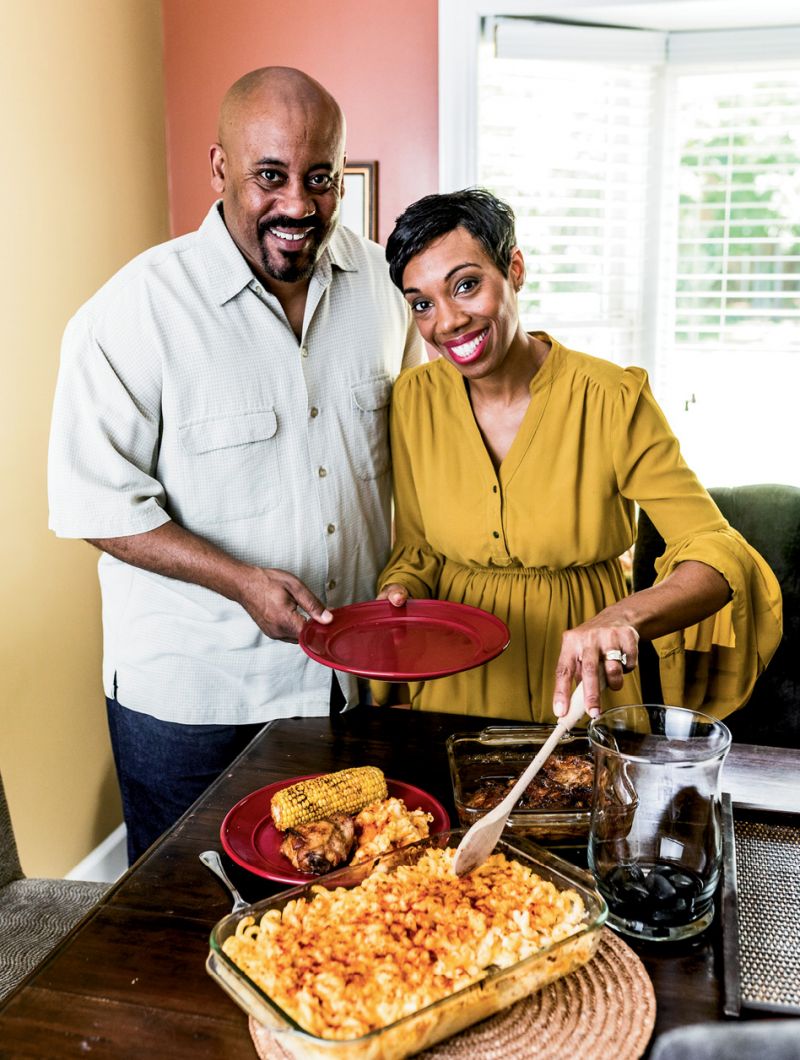 The couple gets creative with mac-n-cheese by using a variety of cheeses and spices, tossing Monterey Jack, Gouda, and cheddar into the mix and sprinkling paprika on top.