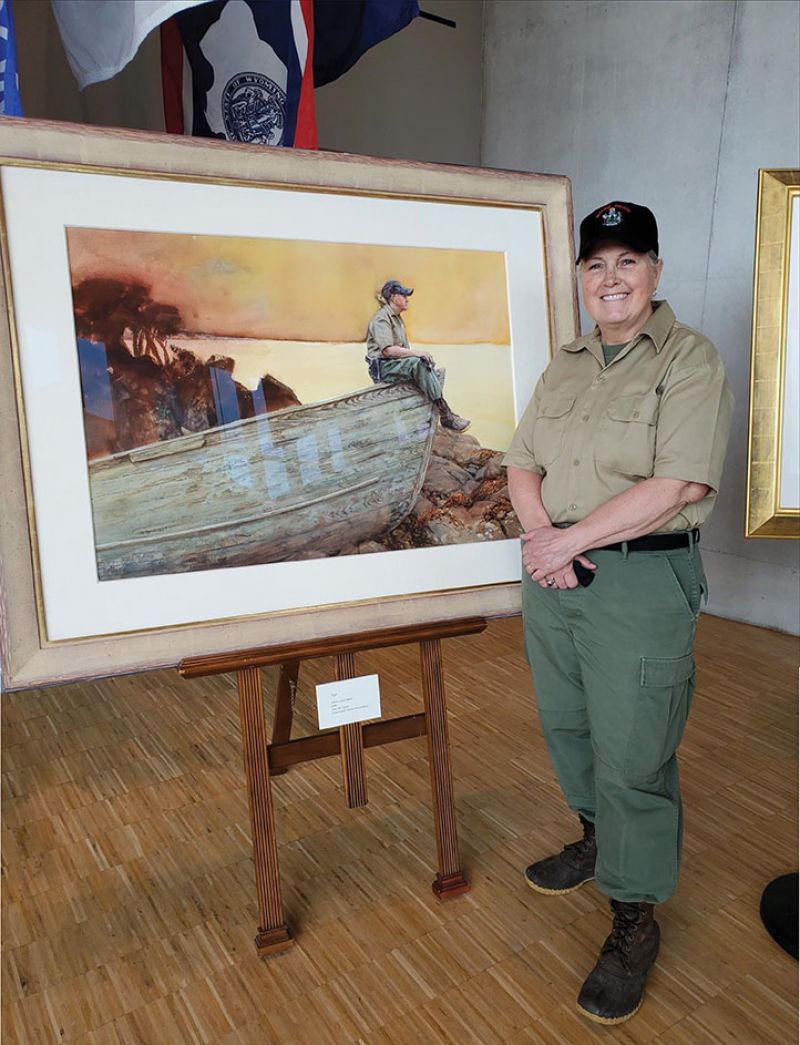 Jodi, a Coast Guard veteran from Deer Island, Maine, and model for Vigil (watercolor on paper, 29 x 41 inches, 2017) attended the “We the People” show at the National Veterans Memorial and Museum in Columbus, Ohio, in spring 2021.