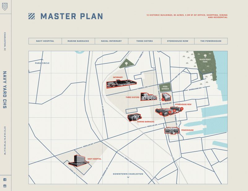 Twelve historical buildings on the site, including the circa-1909 brick Powerhouse building and the mid-century modern Navy hospital, will be renovated and repurposed through the phased master plan. First up: two of the Storehouse Row warehouses are being made into apartments, set to open in May.
