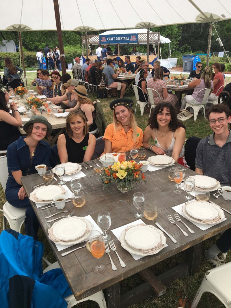 Sophia Mullin, Demi Bechtleff, Whitney Olson, Katie Olson, and Tyler Sim of High Water decorating team Creation Formation, enjoy a break over brunch.
