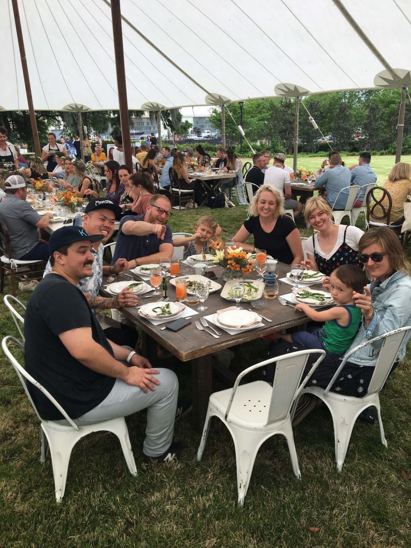 Jason Stanhope; Shuai Wang; Jacques, Jack, and Carrie Larson; Corrie Wang; Anna Kate Lister; and Leo Stanhope prepare for the next course.
