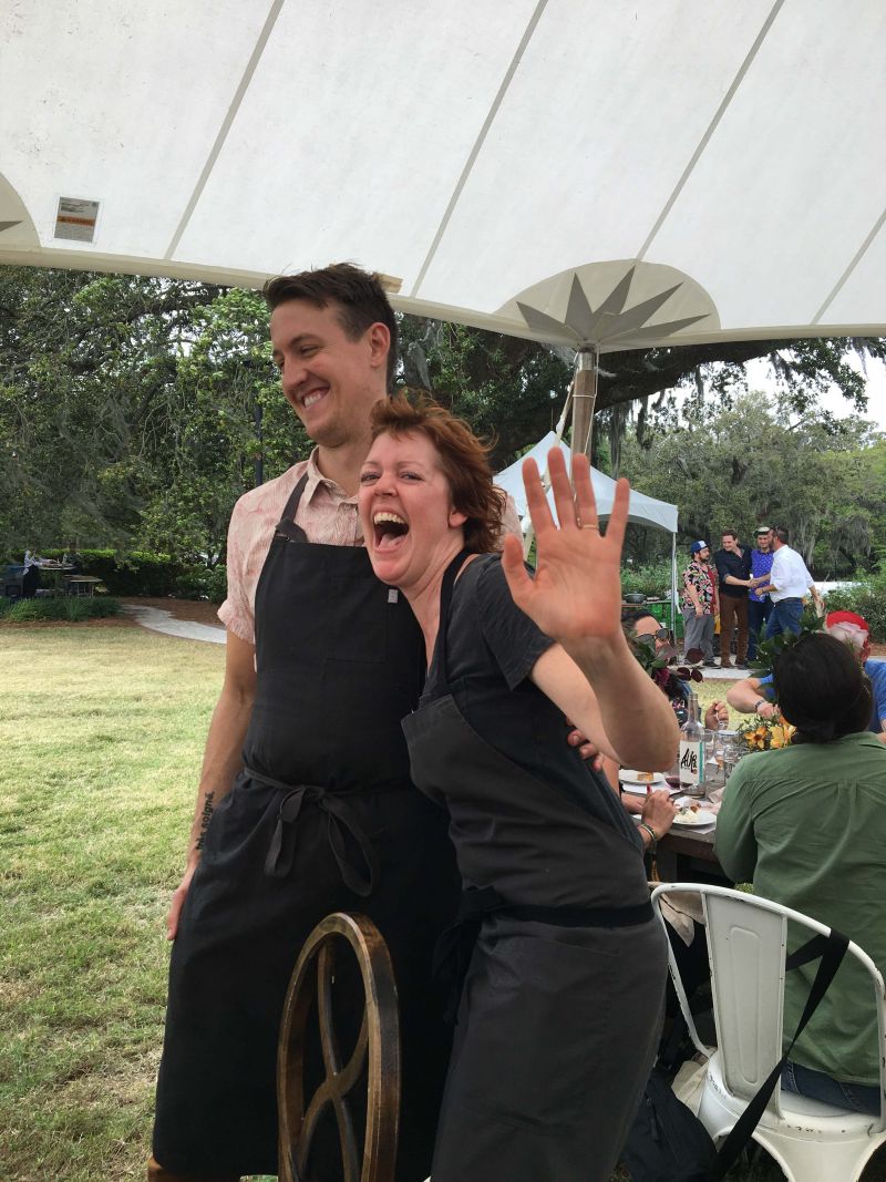 Chefs Evan Gaudreau and Jill Mathias take a bow.