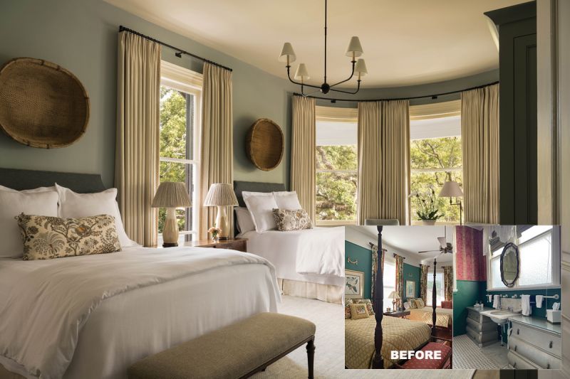 Dreamy Suites: The luxurious guest rooms feature tailored drapes, crisp white bedding, tidy upholstery, and en-suite baths. (Inset) Fava and Tupper Builders upgraded the mechanical, plumbing, and heating and cooling systems throughout the property. “All of that stuff had to be hidden in a way that wasn’t obvious,” says Fava.