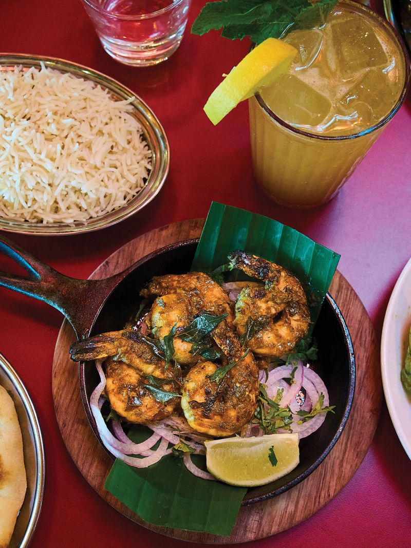 Chai Pani’s grilled prawns masala with mint, cilantro, curry, chili, and garlic