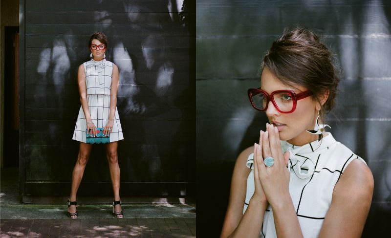 Square Space: Gracia belted windowpane print dress, $68 at Très Carmen; Ellia Wang turquoise pillow clutch, $594 at Maris Dehart; sterling-silver ring with black onyx, $60 at Gold Creations; and Marni silver block heel, $970 at Hampden Clothing. (Opposite) “Caroline“ glasses in “cherry red,“ $465 at Friedrich’s Optik; Ellia Wang Geometry Collection pinwheel earrings, $78 at Maris Dehart; and 14K white-gold ring with amazonite crystal and diamonds, $1,575 at Gold Creations