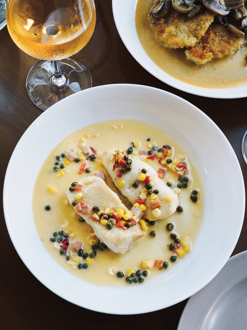 Golden tilefish with sweet corn, capers, and roasted peppers and pork scallopini Marsala