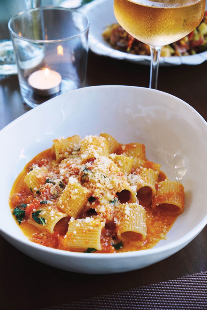 Mezze maniche pasta in a fresh tomato sugo